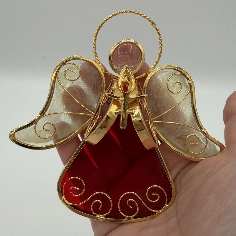 Vintage Red Angel Gold Tone Stained Glass Sun Catcher Winged Holiday‎ Decor